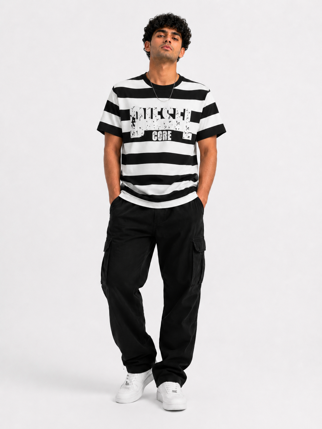 Diesel Core Men's Distressed Striped Graphic T-Shirt OLD MONEY STYLE
