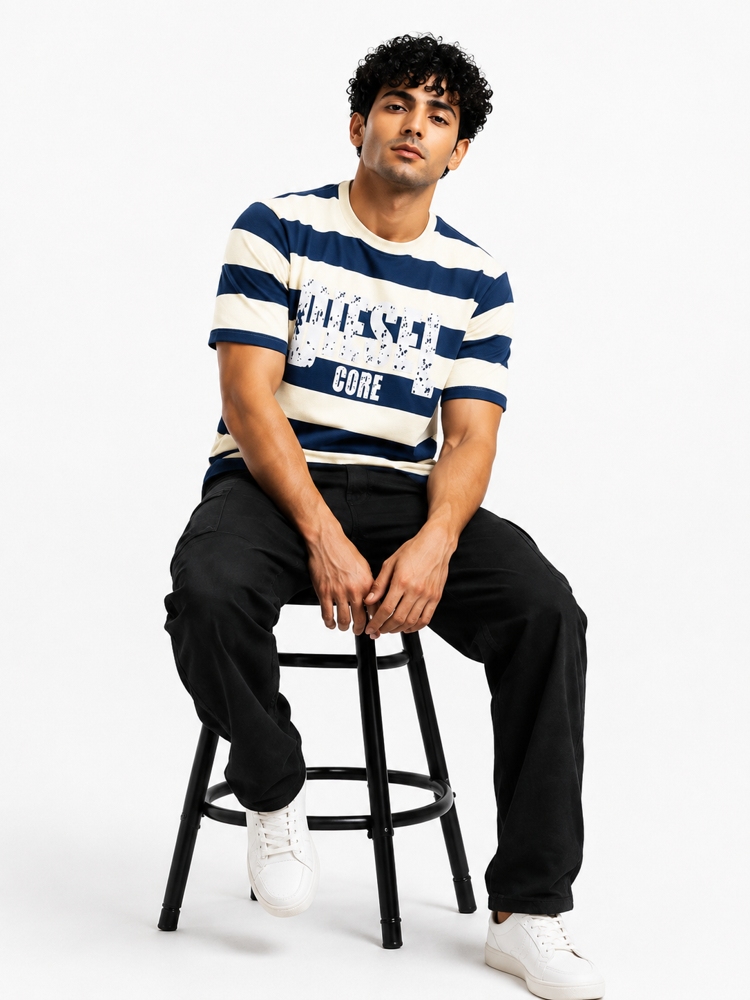 Diesel Core Men's Distressed Striped Graphic T-Shirt OLD MONEY STYLE
